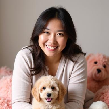 Sarah Chong, Puppy Specialist, with a small fluffy puppy
