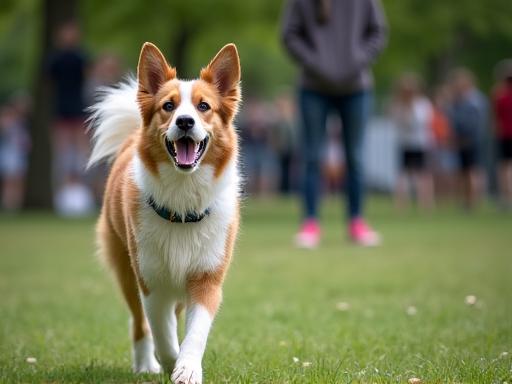 A dog confidently performs an off-leash stay command in a busy park while its owner watches.