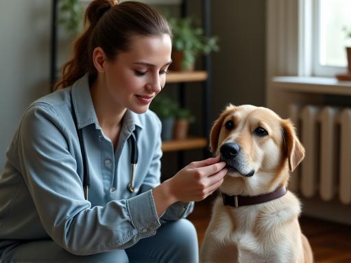 A compassionate trainer comforting a slightly anxious dog during a one-on-one behavioral consultation.